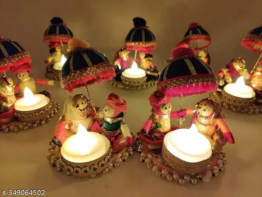 PRAKITA Recycled Material Rajasthani Raja Rani Puppet | Dolls Decorative Tealight Candle Holder | Diwali Decoration Items for Home Decor | Tea Light Candle Holder(Pack of 2)